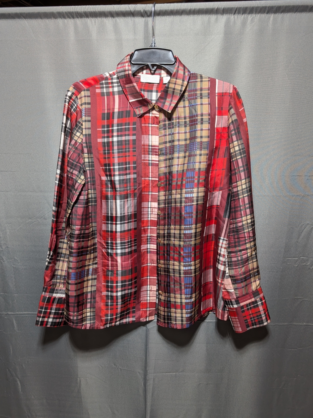 VintageCarlisle New York 100% Silk Patchwork Plaid Button Down Shirt Red Sz 12